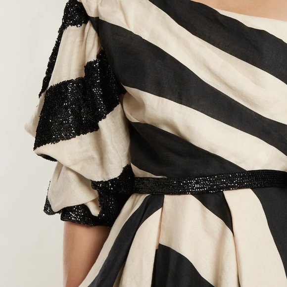 Johanna Ortiz Sur Del Lago Asymmetric Linen-blend Black/Ivory Sequin Top Size 0 - Picture 11 of 16